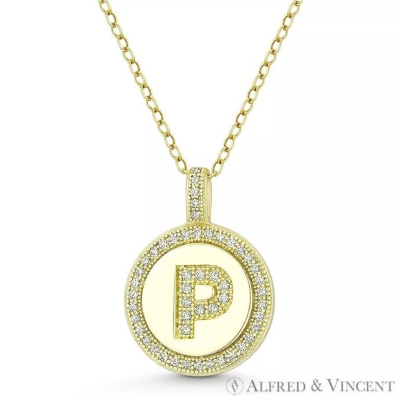 Initial Letter "P" CZ Crystal Pave Pendant in .925 Sterling Silver w/ 14k YG - Picture 1 of 1